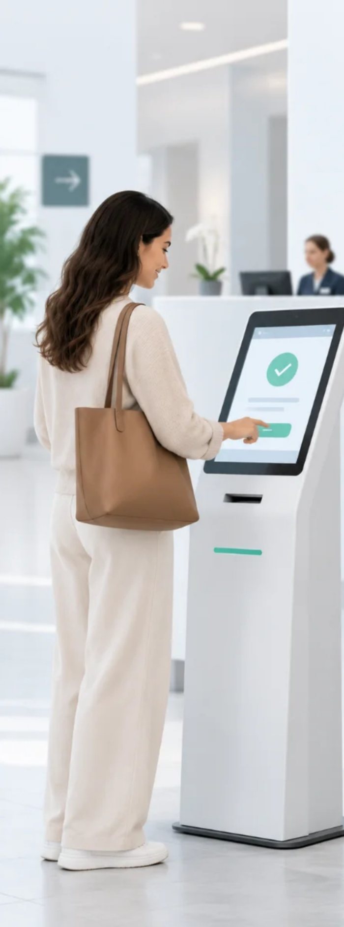 Paciente concluindo o check-in em um totem de autoatendimento